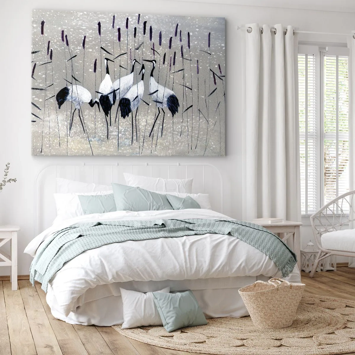Bild auf Leinwand - Leinwandbild - Reiher im Gras vor einem friedlichen Hintergrund - 70x50cm - Unter ihren eigenen - Moderne Wanddekoration für Wohnzimmer und Schlafzimmer ARTTOR
