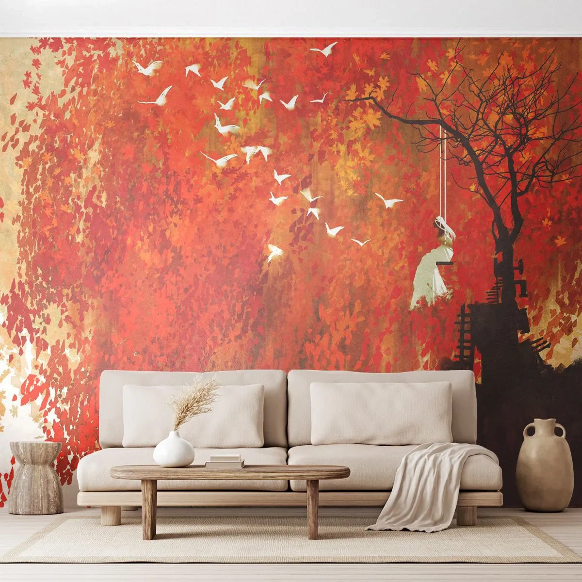 Fototapete Premium Canvas - Wird er mit ihnen fliegen? - Abstraktion, Frau, Vögel - 300x210 cm