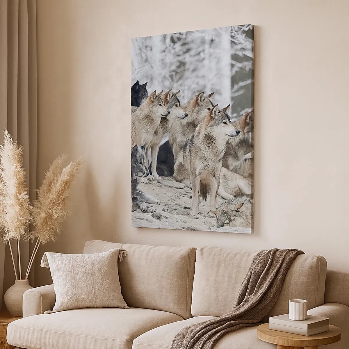 Bild auf Leinwand - Leinwandbild - Ein Wolfsrudel im Winterwald - 50x70cm - Familie und Freunde - Moderne Wanddekoration für Wohnzimmer und Schlafzimmer ARTTOR