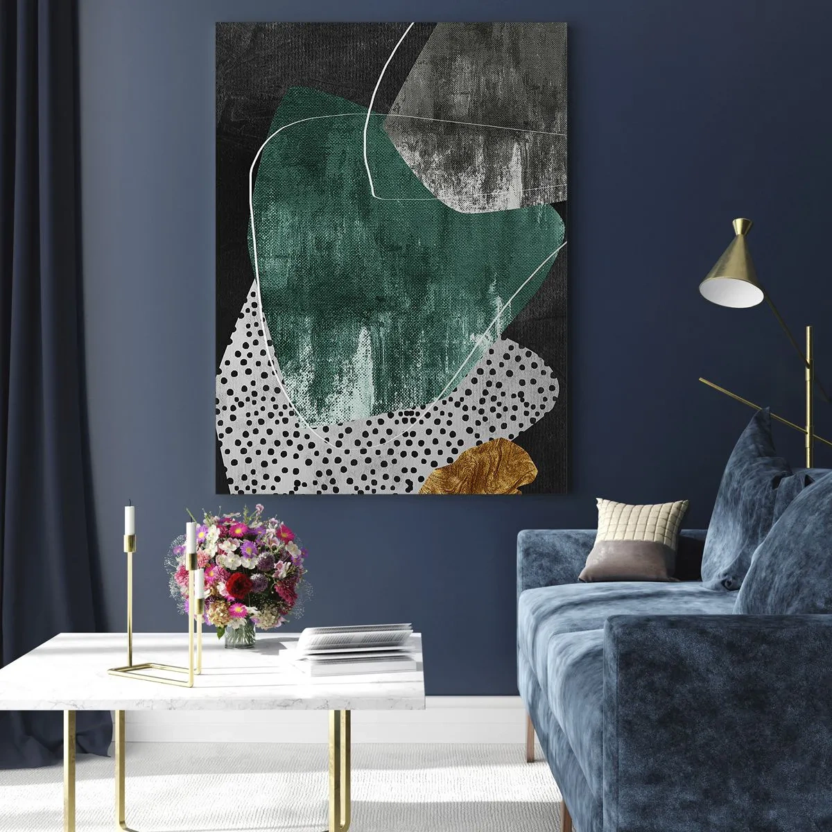 Glasbild - Bild auf glas - Abstrakte Komposition mit grünen Formen und Punktmustern - 70x100cm - Bunte Abstraktion mit Blattgold - Moderne Wanddekoration für Wohnzimmer und Schlafzimmer ARTTOR