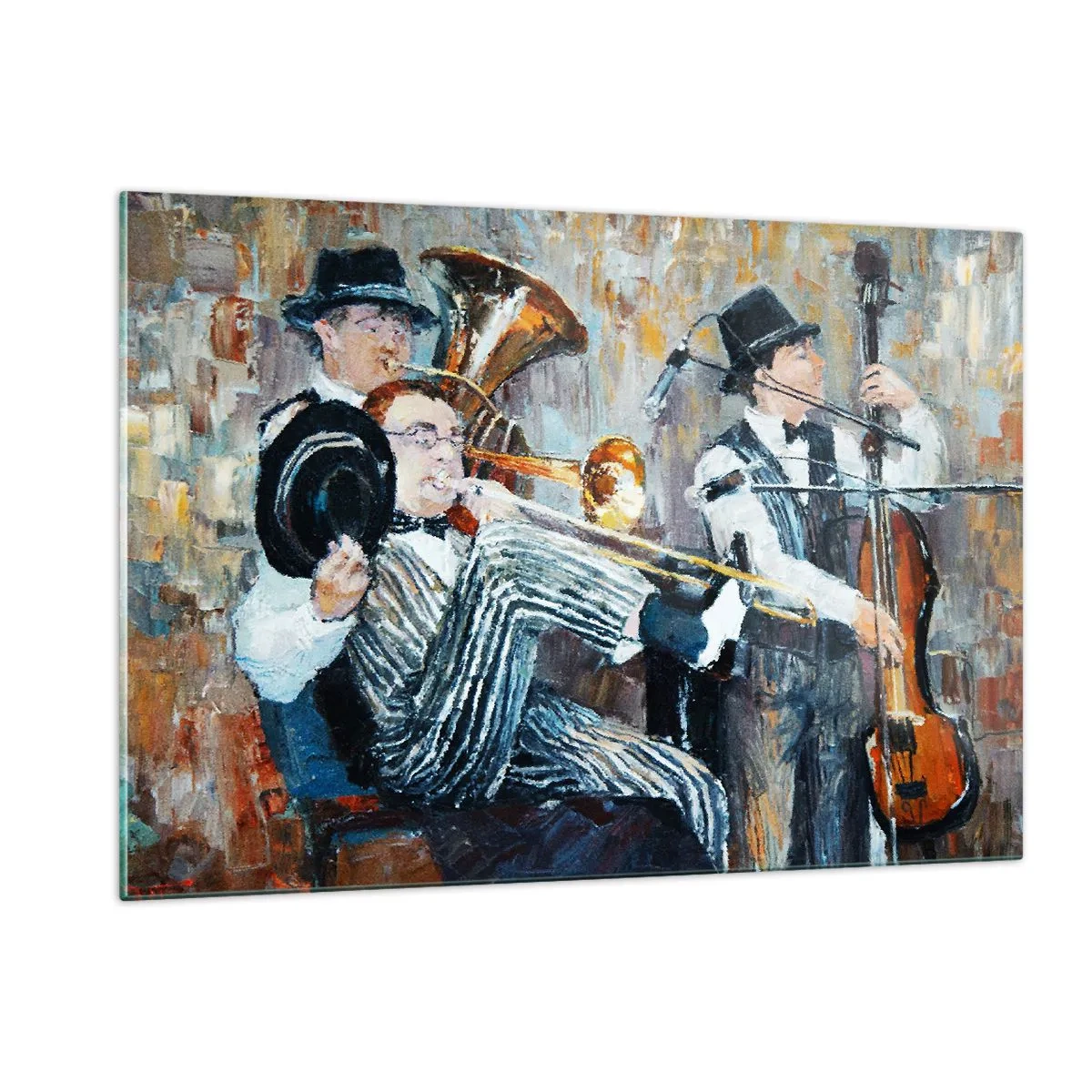 Glasbild - Bild auf glas - Eine Jazzband in einer stimmungsvollen impressionistischen Szene - 120x80cm - Der ganze Jazz - Moderne Wanddekoration für Wohnzimmer und Schlafzimmer ARTTOR