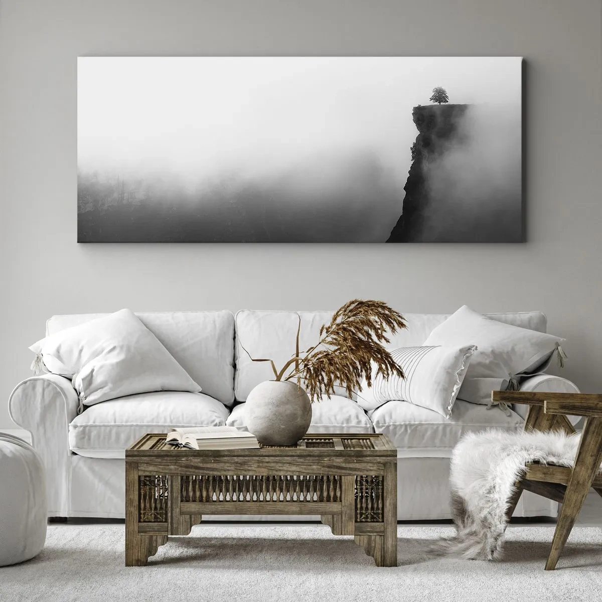 Bild auf Leinwand - Leinwandbild - Ein einsamer Baum am Rand einer Klippe, umgeben von Nebel - 120x50cm - Am Rande der Welt - Moderne Wanddekoration für Wohnzimmer und Schlafzimmer ARTTOR