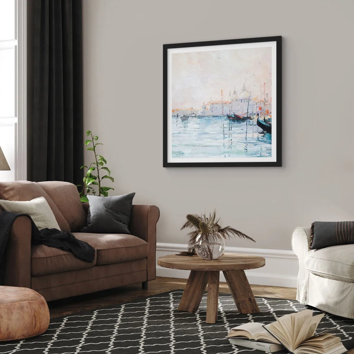 Poster in einem schwarzem Rahmen - Hinter dem Wasser, hinter dem Nebel - 60x60 cm