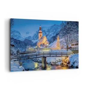 Bild auf Leinwand - Leinwandbild - Winterlandschaft mit Kirche, Brücke und Bergen in der Abenddämmerung - 100x70cm - Weihnachtsgeist - Moderne Wanddekoration für Wohnzimmer und Schlafzimmer ARTTOR