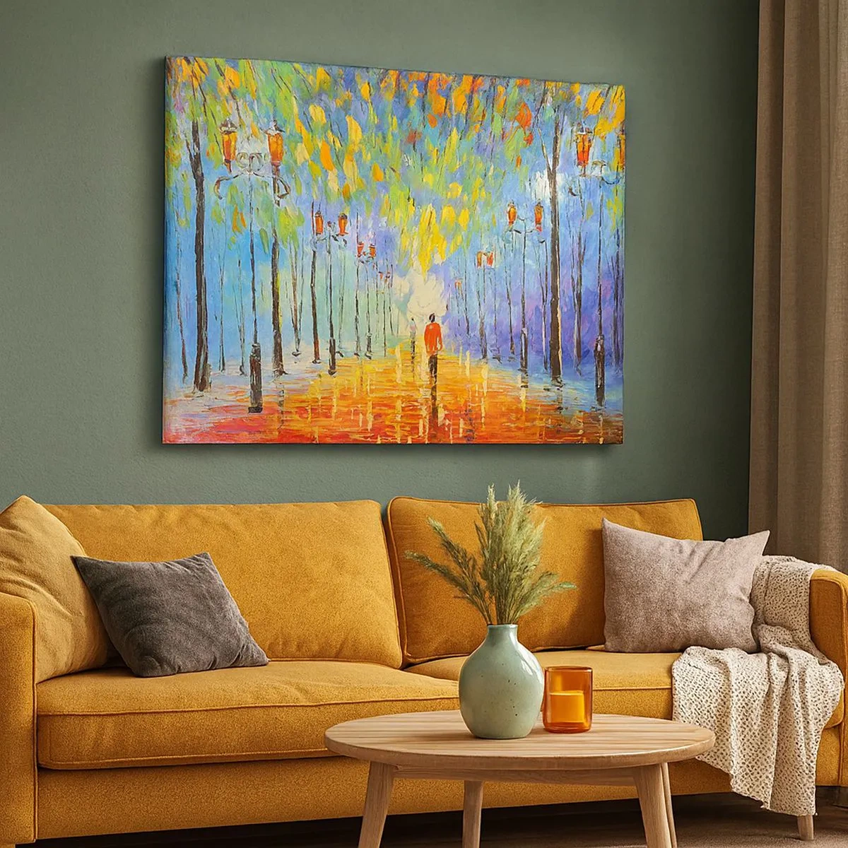 Bild auf Leinwand - Leinwandbild - Ein malerischer Spaziergang zwischen den Laternen in einer regnerischen Nacht - 70x50cm - Nachtlied des Regens - Moderne Wanddekoration für Wohnzimmer und Schlafzimmer ARTTOR