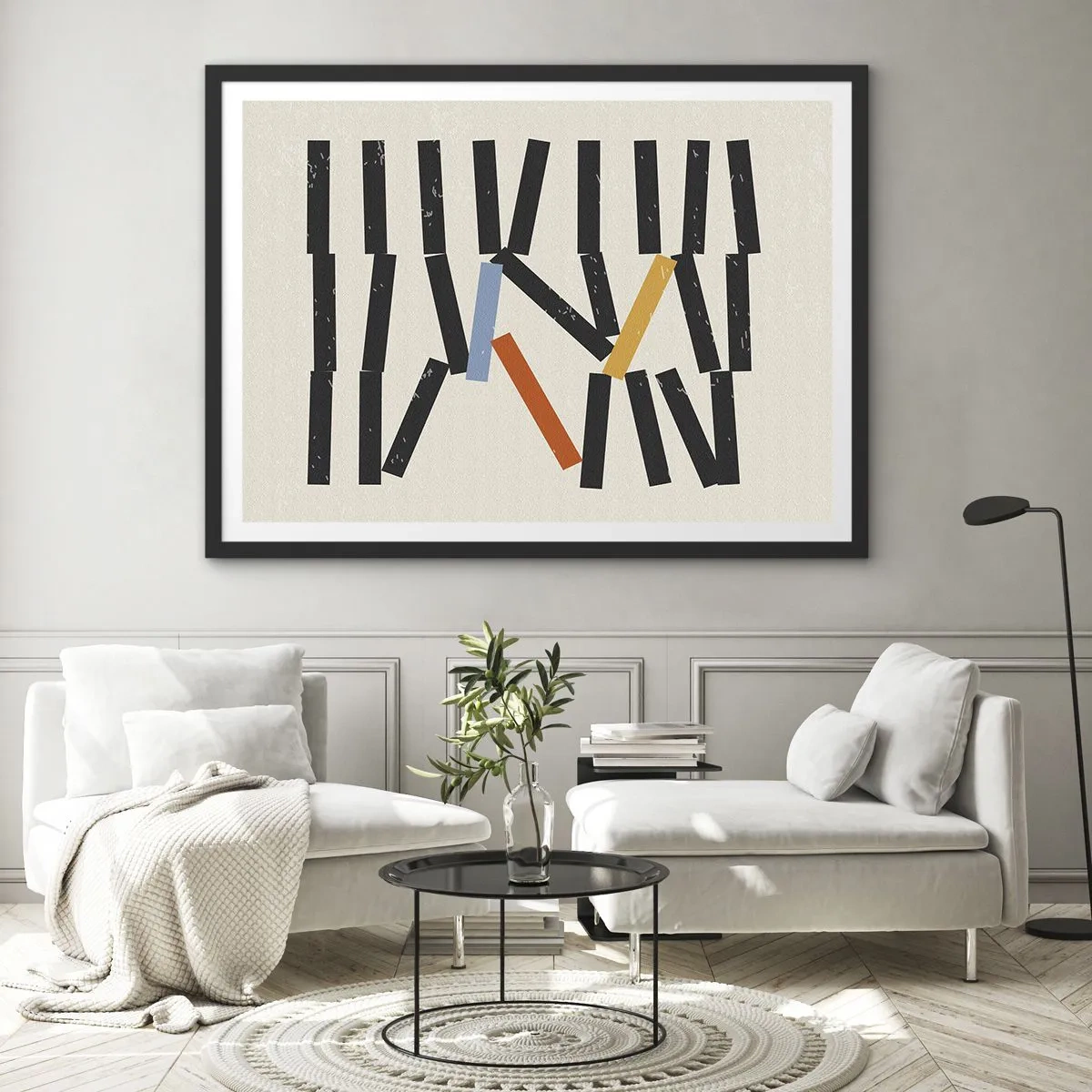 Poster in einem schwarzem Rahmen - Abstrakte Komposition mit farbigen und schwarzen Rechtecken - 70x50cm - Domino – Komposition - Moderne Wanddekoration für Wohnzimmer und Schlafzimmer ARTTOR