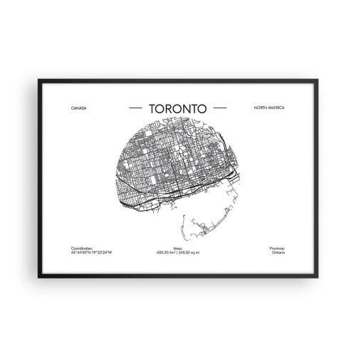 Poster in einem schwarzem Rahmen - Eine Karte von Toronto im minimalistischen Schwarz-Weiß-Stil - 100x70cm - Anatomie von Toronto - Moderne Wanddekoration für Wohnzimmer und Schlafzimmer ARTTOR