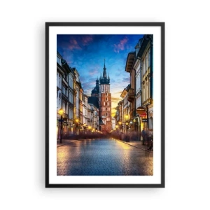 Poster in einem schwarzem Rahmen - Abendansicht der Grodzka-Straße und der Marienkirche in Krakau - 50x70cm - Krakauer Charme - Moderne Wanddekoration für Wohnzimmer und Schlafzimmer ARTTOR