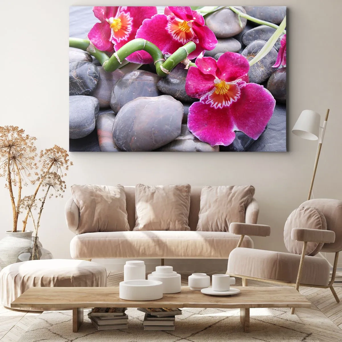 Bild auf Leinwand - Leinwandbild - Rosa Orchideen vor einem Hintergrund aus glatten Steinen - 100x70cm - Kühlen und erhitzen - Moderne Wanddekoration für Wohnzimmer und Schlafzimmer ARTTOR