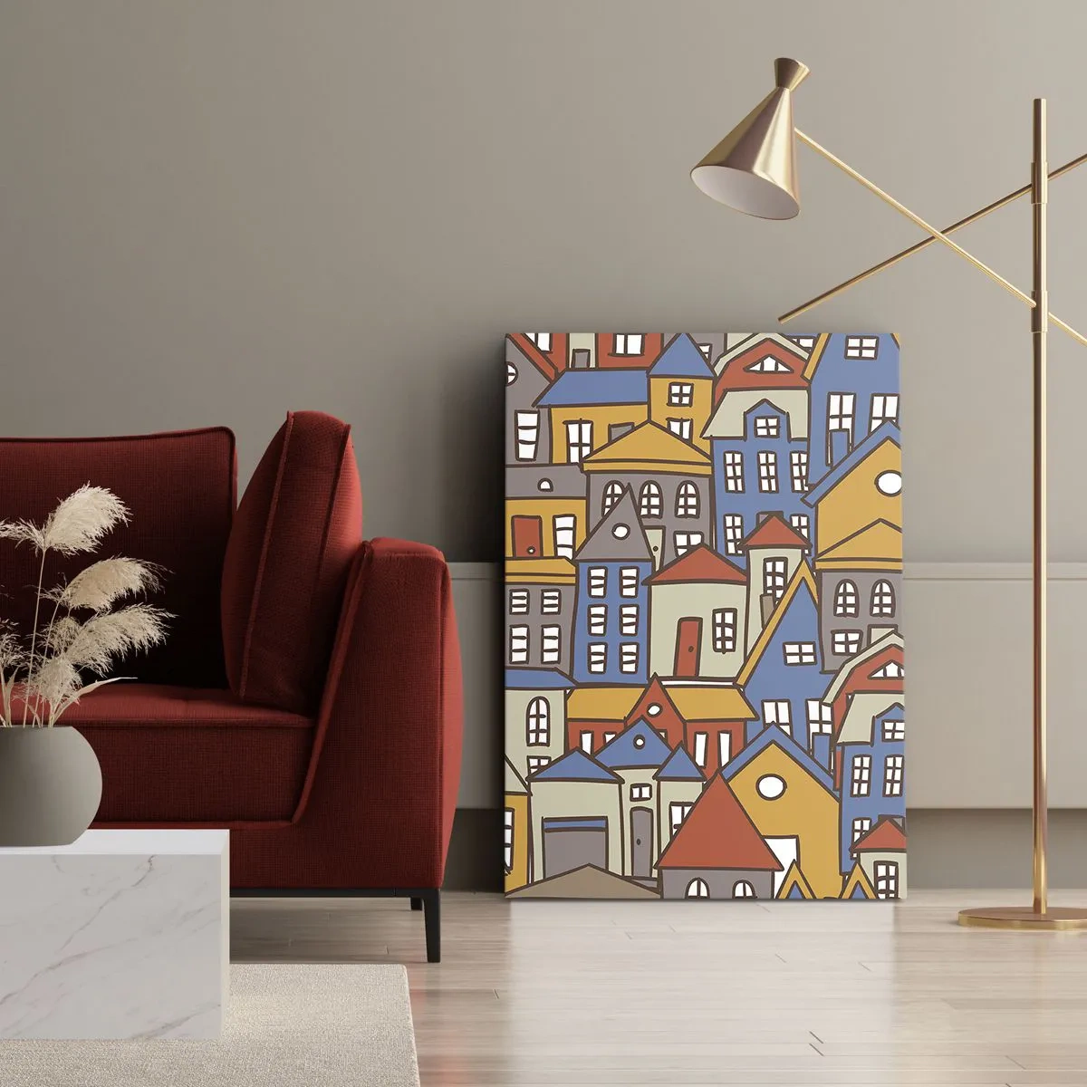 Bild auf Leinwand - Leinwandbild - Bunte Häuser im grafischen Stil auf hellem Hintergrund - 50x70cm - Hinter dem Haus ist das Haus - Moderne Wanddekoration für Wohnzimmer und Schlafzimmer ARTTOR