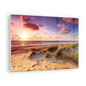 Glasbild - Bild auf glas - Strand mit Dünen bei Sonnenuntergang - 70x50cm - Die Luft riecht schon im Sommer - Moderne Wanddekoration für Wohnzimmer und Schlafzimmer ARTTOR