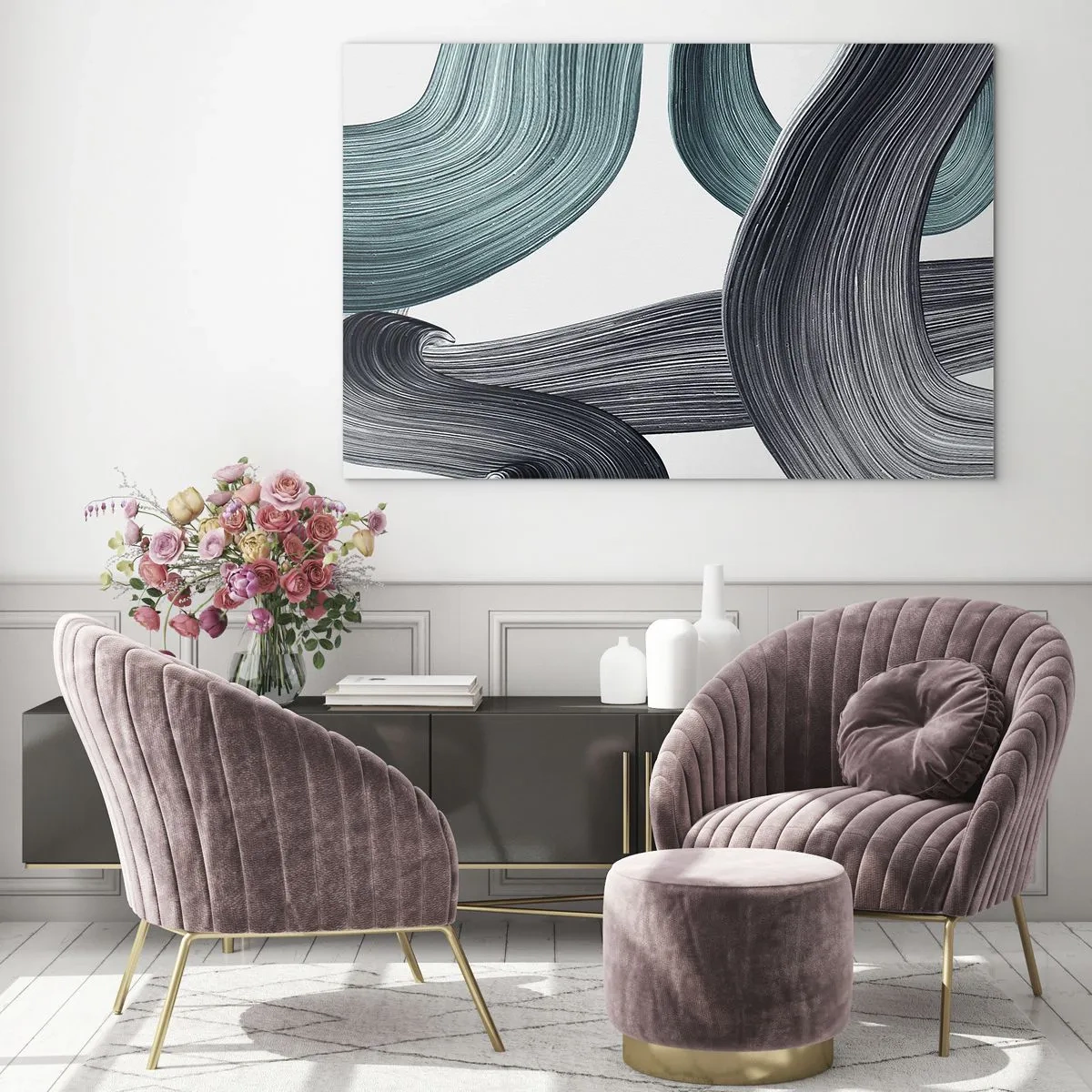 Glasbild - Bild auf glas - Dynamische Streifen in Smaragd- und Schwarztönen auf weißem Hintergrund - 70x50cm - Smaragdgrüne und schwarze Pfade - Moderne Wanddekoration für Wohnzimmer und Schlafzimmer ARTTOR
