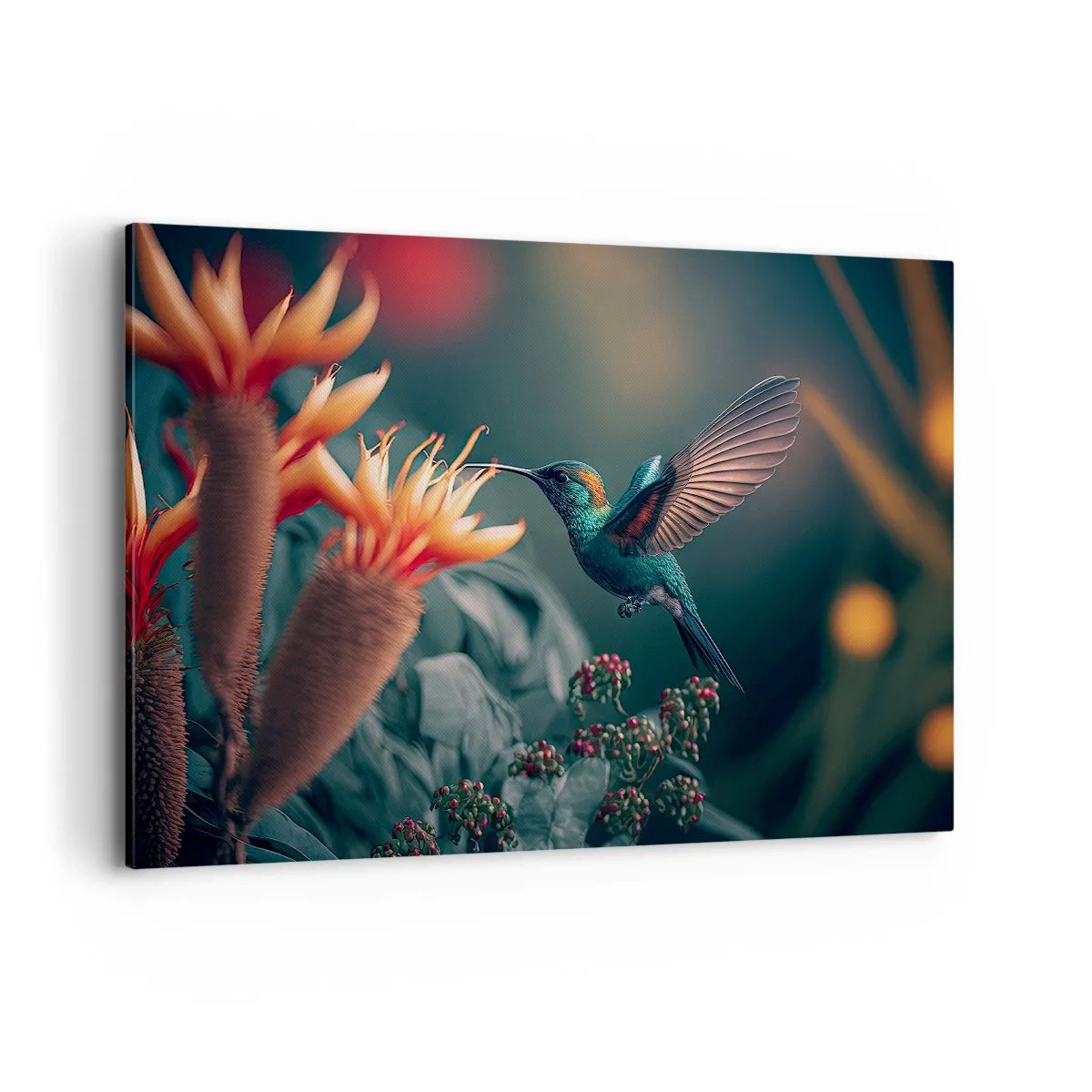 Bild auf Leinwand - Leinwandbild - Ein bunter Kolibri neben Blumen vor einem natürlichen Hintergrund - 100x70cm - Wirklich buntes Leben - Moderne Wanddekoration für Wohnzimmer und Schlafzimmer ARTTOR