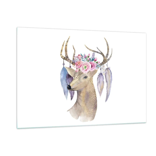 Glasbild - Bild auf glas - Hirsch mit Blumenkranz und Federn - 120x80cm - Seelenführer - sanft, unschuldig - Moderne Wanddekoration für Wohnzimmer und Schlafzimmer ARTTOR