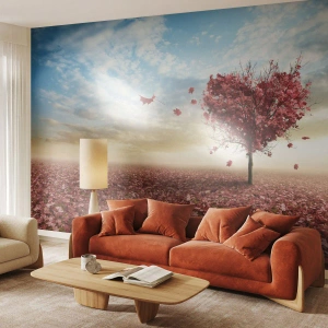 Fototapete Premium Canvas - Ein einsamer herzförmiger Baum in einem Feld aus roten Blättern - 100x70cm - Verliebe dich auch - Moderne Wanddekoration für Wohnzimmer und Schlafzimmer ARTTOR