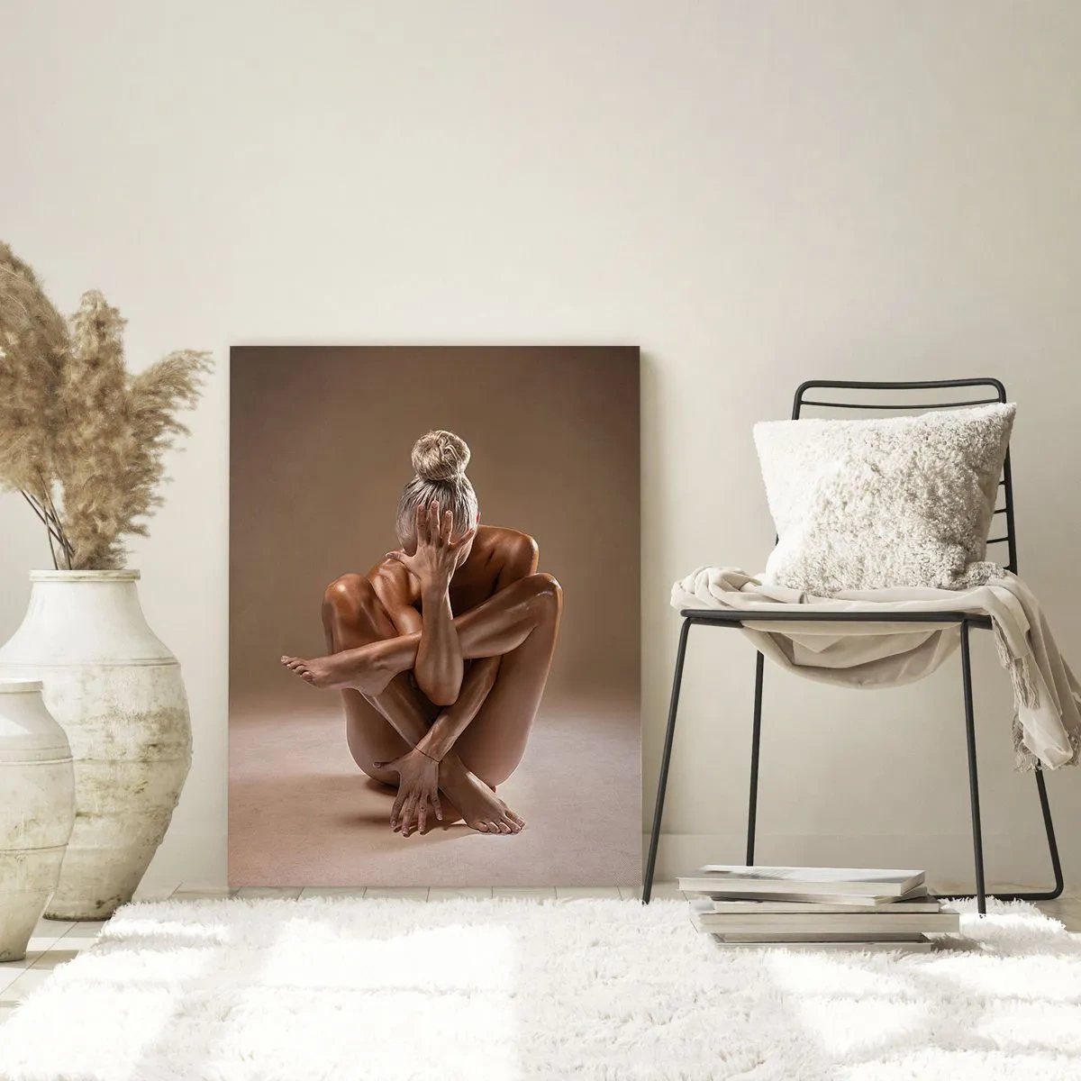 Glasbild - Bild auf glas - Künstlerische Silhouette einer Frau auf beigem Hintergrund - 80x120cm - Die Einheit von Körper und Geist - Moderne Wanddekoration für Wohnzimmer und Schlafzimmer ARTTOR