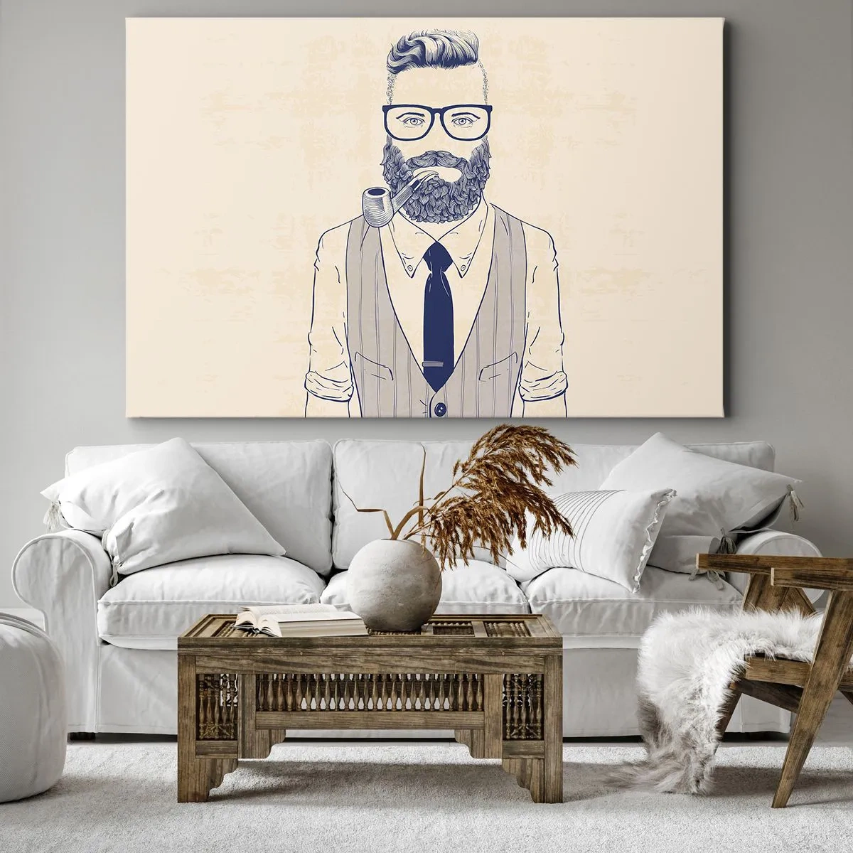 Bild auf Leinwand - Leinwandbild - Stilisierter Mann mit Bart, Pfeife und Brille - 100x70cm - Fröhlich, maskulin und modisch - Moderne Wanddekoration für Wohnzimmer und Schlafzimmer ARTTOR