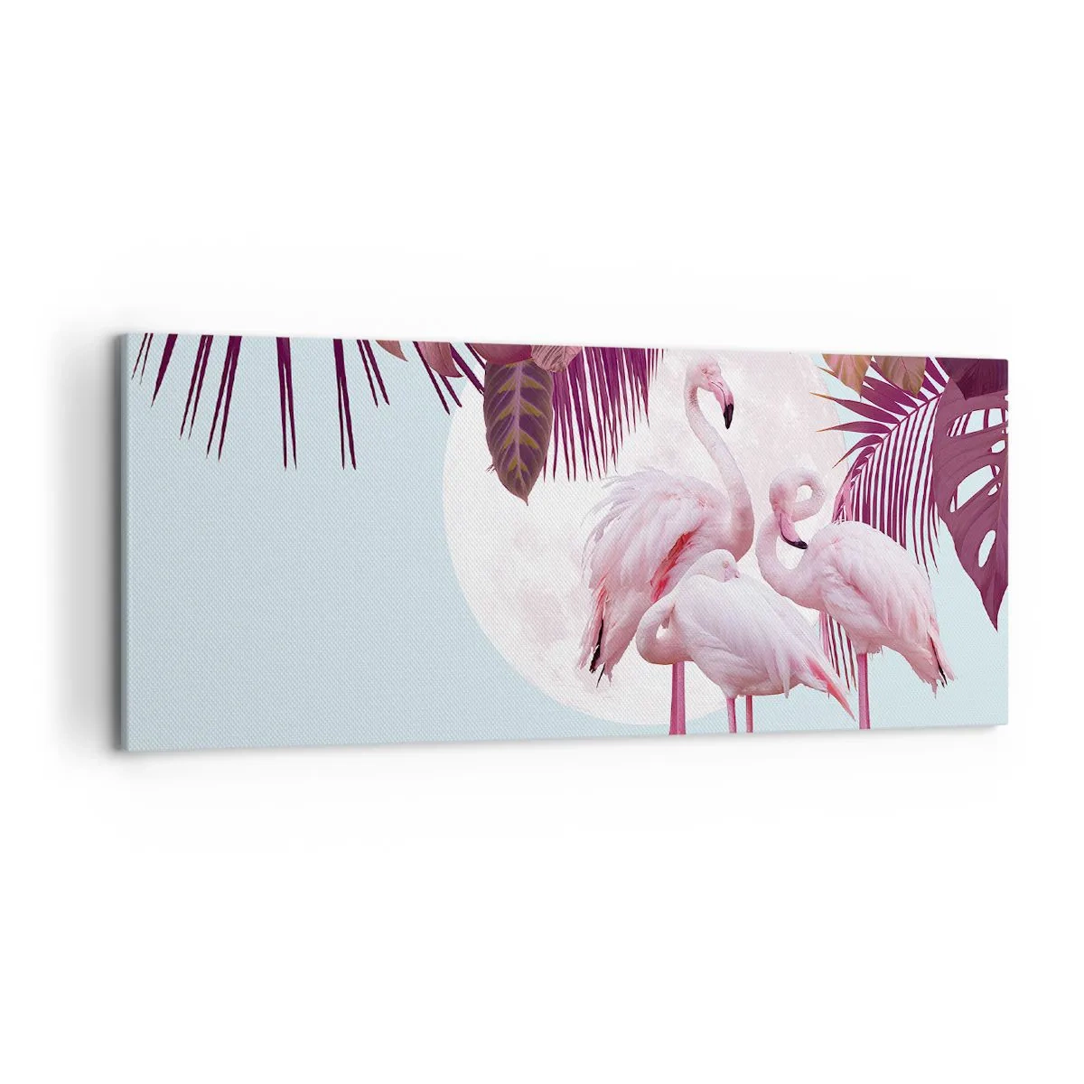 Bild auf Leinwand - Leinwandbild - Rosa Flamingos vor dem Hintergrund des Mondes und tropischer Blätter - 120x50cm - Drei Vogelgnaden - Moderne Wanddekoration für Wohnzimmer und Schlafzimmer ARTTOR