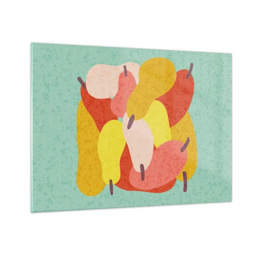 Glasbild - Bild auf glas - Bunte Birnen im grafischen Stil auf türkisfarbenem Hintergrund - 70x50cm - Probieren Sie die Sommersonne - Moderne Wanddekoration für Wohnzimmer und Schlafzimmer ARTTOR