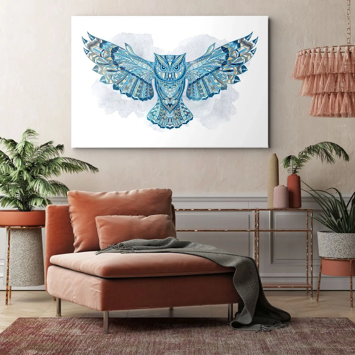 Bild auf Leinwand - Leinwandbild - Dekorative Eule in Blautönen - 70x50cm - Aus einem keltischen heiligen Hain - Moderne Wanddekoration für Wohnzimmer und Schlafzimmer ARTTOR