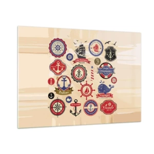 Glasbild - Bild auf glas - Nautische Embleme und Symbole auf beigem Hintergrund - 100x70cm - Segelbruderschaft - Moderne Wanddekoration für Wohnzimmer und Schlafzimmer ARTTOR