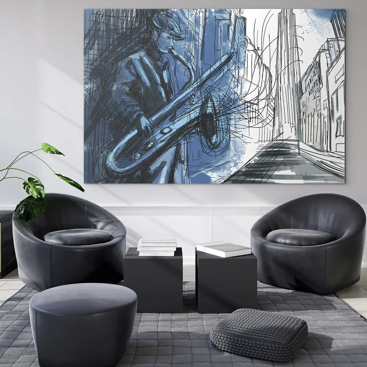 Glasbild - Bild auf glas - Jazz-Saxophonist in blau getönter urbaner Umgebung - 70x50cm - Urbane Rhapsodie - Moderne Wanddekoration für Wohnzimmer und Schlafzimmer ARTTOR