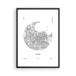 Poster in einem schwarzem Rahmen - Eine minimalistische Schwarz-Weiß-Karte von Doha - 50x70cm - Anatomie von Doha - Moderne Wanddekoration für Wohnzimmer und Schlafzimmer ARTTOR