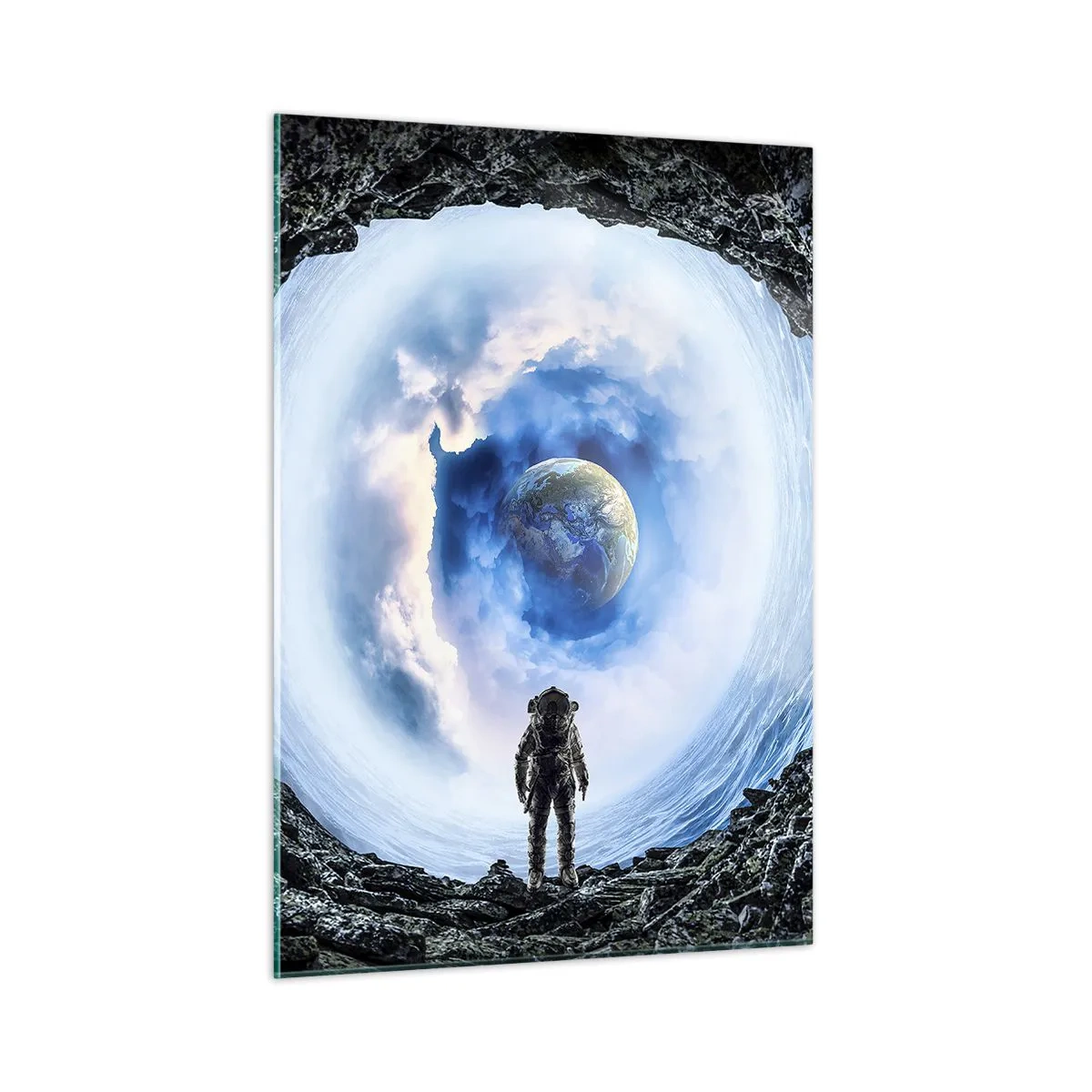 Glasbild - Bild auf glas - Ein Astronaut blickt aus einer Felsenhöhle auf die Erde. - 50x70cm - Es ist nicht weit von zu Hause - Moderne Wanddekoration für Wohnzimmer und Schlafzimmer ARTTOR