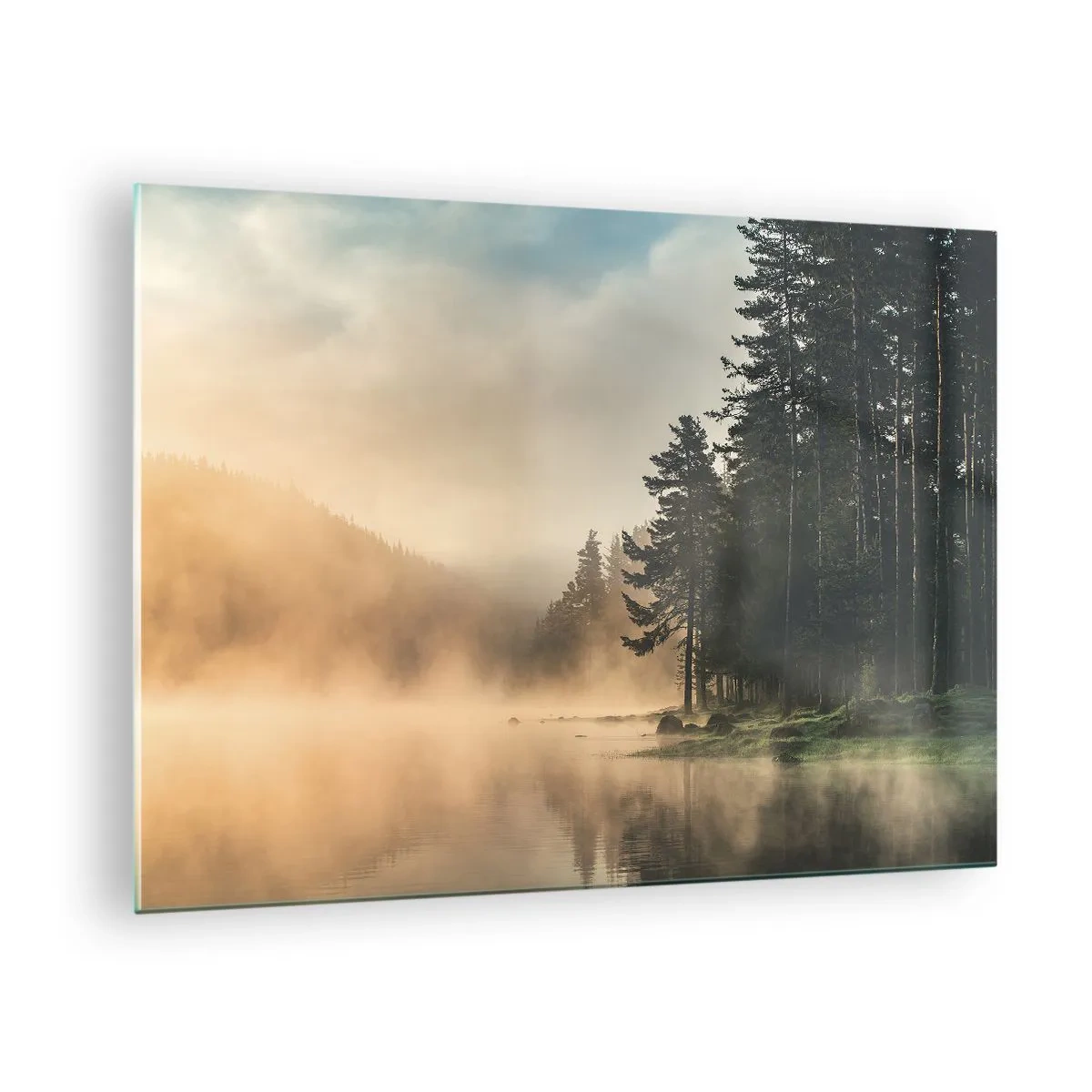 Glasbild - Bild auf glas - Ein nebliger Morgen über einem Waldsee - 70x50cm - Die Geburt des Tages - Moderne Wanddekoration für Wohnzimmer und Schlafzimmer ARTTOR
