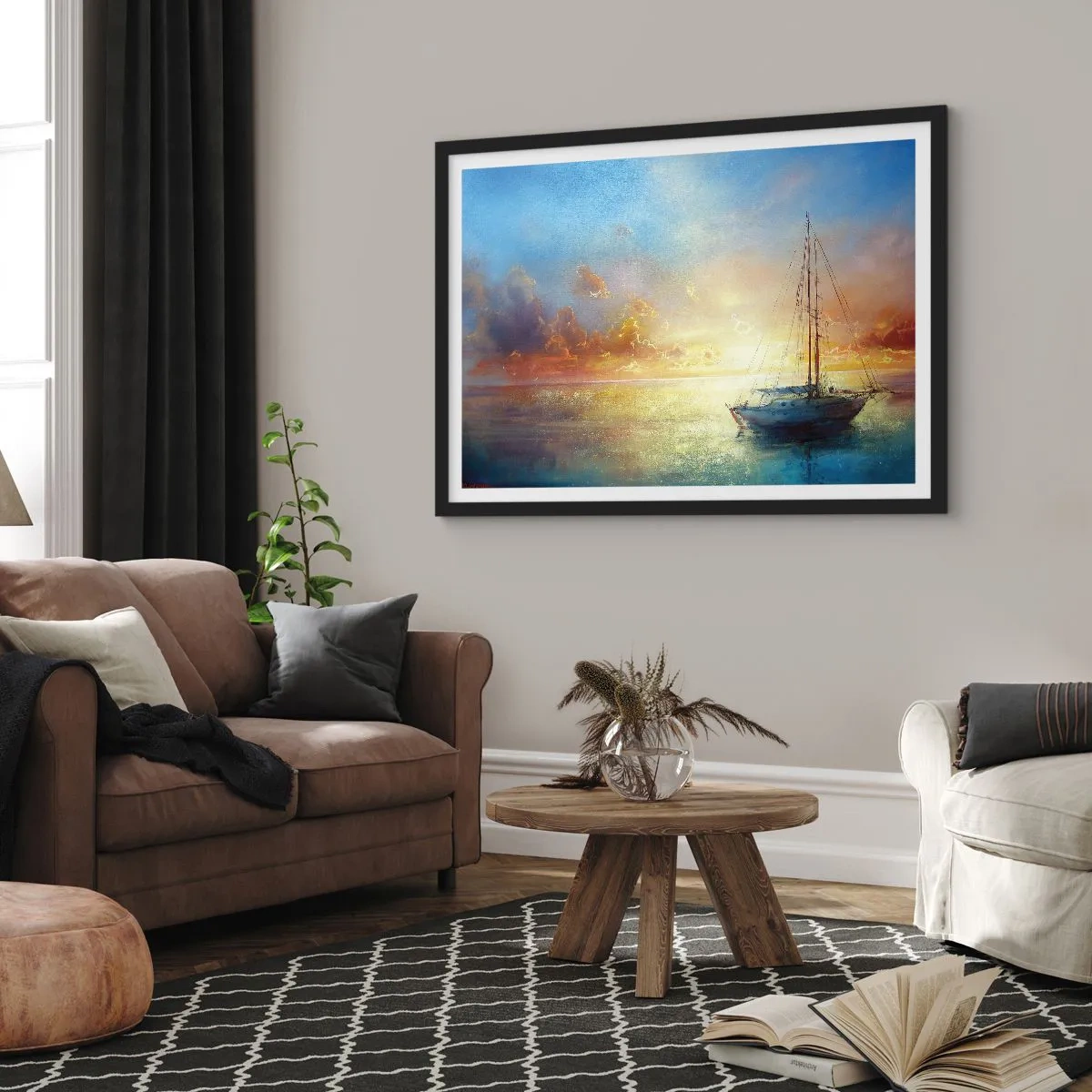 Poster in einem schwarzem Rahmen - Eine Yacht auf ruhigem Meer bei Sonnenuntergang - 70x50cm - In einer goldenen Bucht - Moderne Wanddekoration für Wohnzimmer und Schlafzimmer ARTTOR