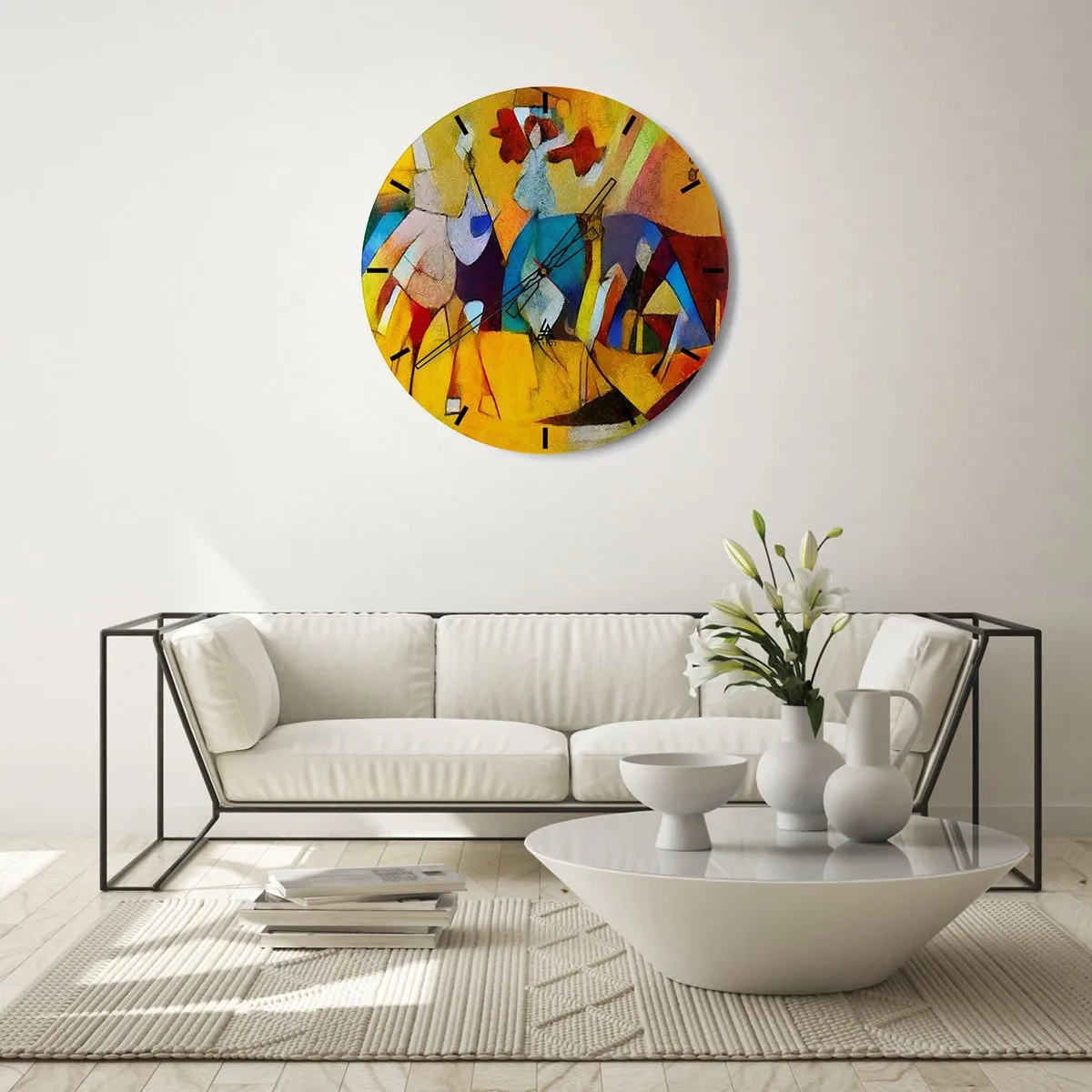 Wanduhr - Glasuhr - Bunte Abstraktion mit menschlichen Silhouetten und dynamischen Farben - 30x30cm - Sonne - Leben - Freude - Moderne Wanddekoration für Wohnzimmer, Küche und Schlafzimmer ARTTOR