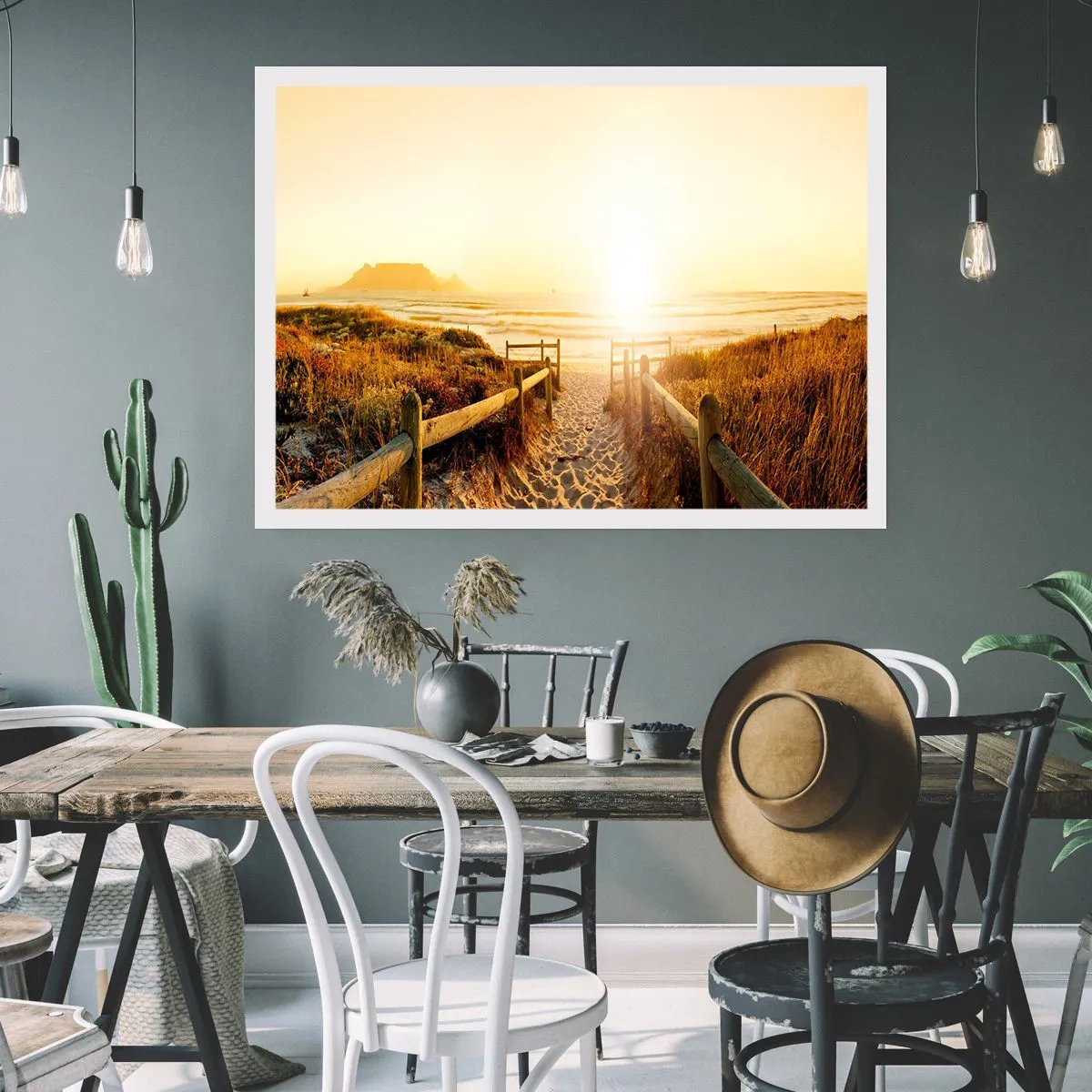 Poster - Weg zum Strand bei goldenem Sonnenuntergang - 100x70cm - Über die Düne, der Sonne entgegen - Moderne Wanddekoration für Wohnzimmer und Schlafzimmer ARTTOR