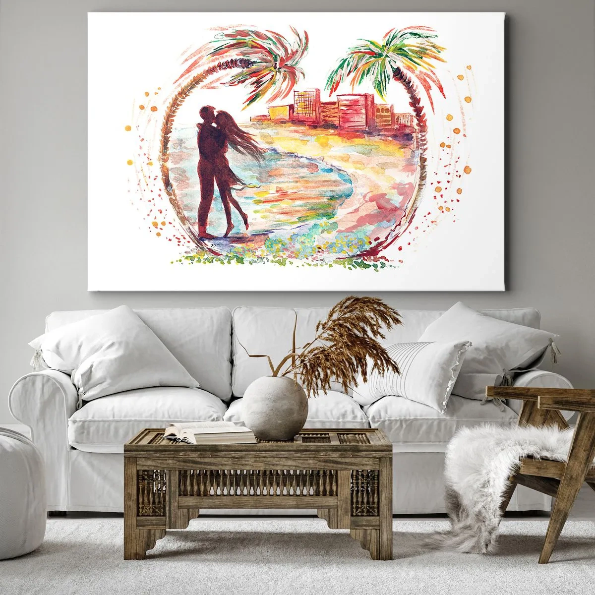 Bild auf Leinwand - Leinwandbild - Romantische Paarszene an einem Strand mit Palmen in Aquarell - 100x70cm - Romantischer Urlaub - Moderne Wanddekoration für Wohnzimmer und Schlafzimmer ARTTOR