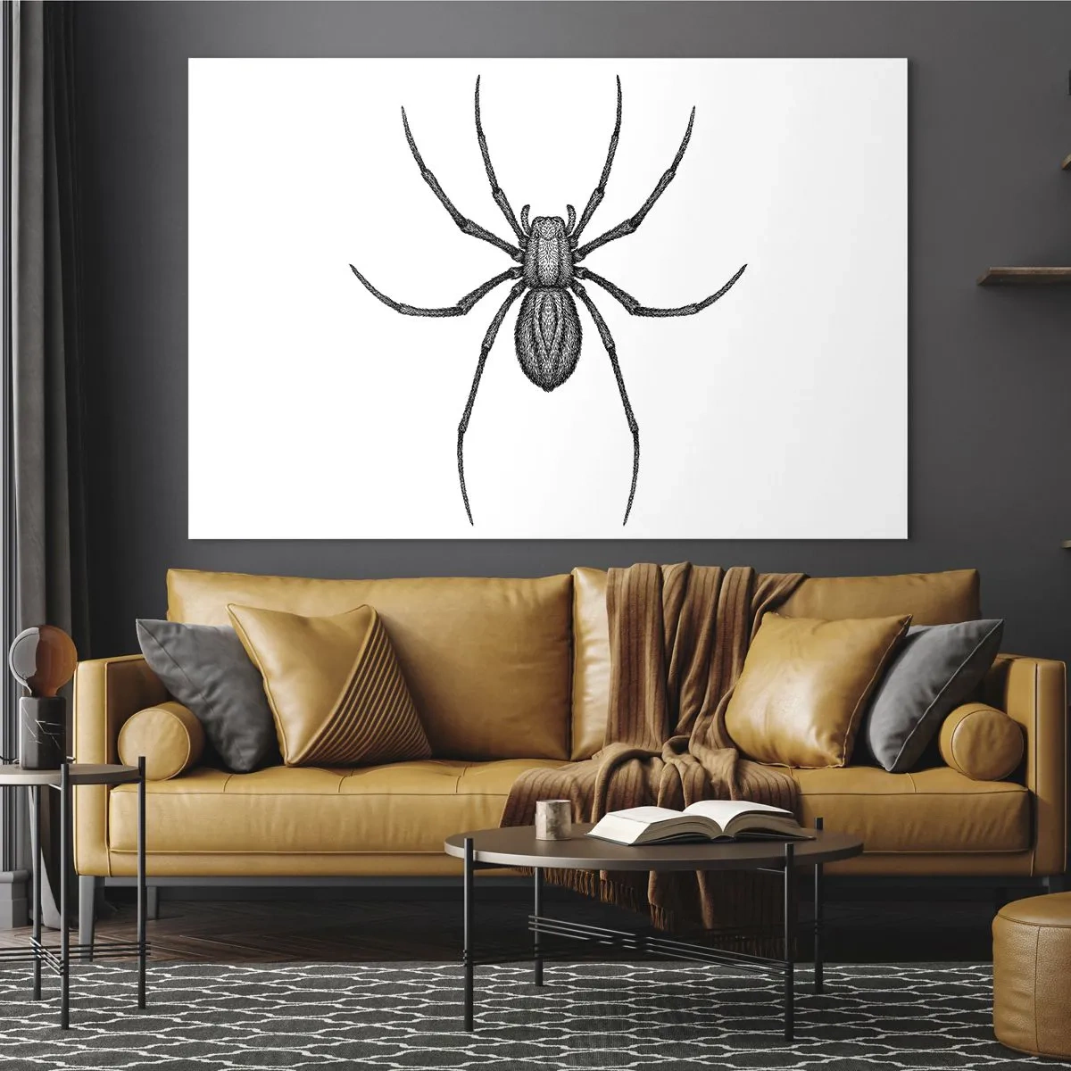 Glasbild - Bild auf glas - Retro-Stil Illustration einer schwarzen Spinne auf weißem Hintergrund - 120x80cm - Beunruhigende Präzision - Moderne Wanddekoration für Wohnzimmer und Schlafzimmer ARTTOR