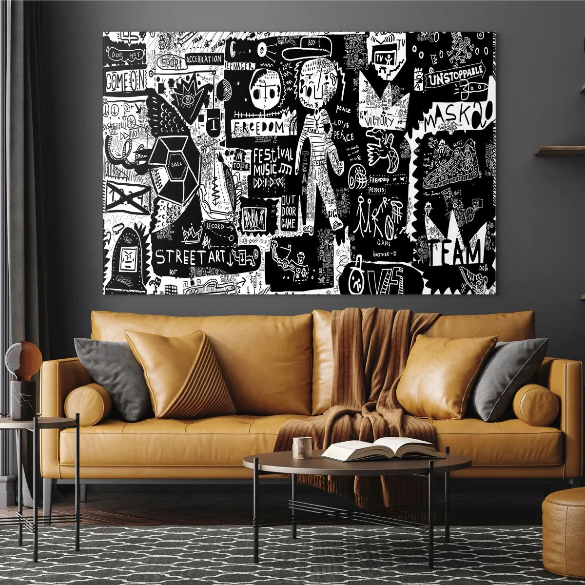 Glasbild - Bild auf glas - Schwarz-weiße Grafiken im Street-Art-Stil mit Figuren und Symbolen - 100x70cm - Spirituelle Jugend des Gesetzes und der Freude - Moderne Wanddekoration für Wohnzimmer und Schlafzimmer ARTTOR