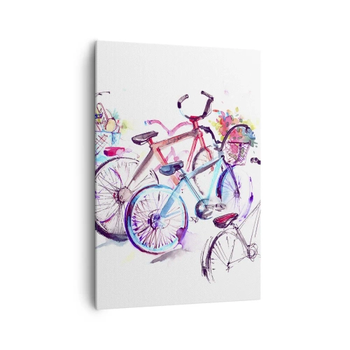 Bild auf Leinwand - Leinwandbild - Bunte Fahrräder im künstlerischen Aquarell-Stil - 70x100cm - Kongress des Antimoto-Clubs - Moderne Wanddekoration für Wohnzimmer und Schlafzimmer ARTTOR