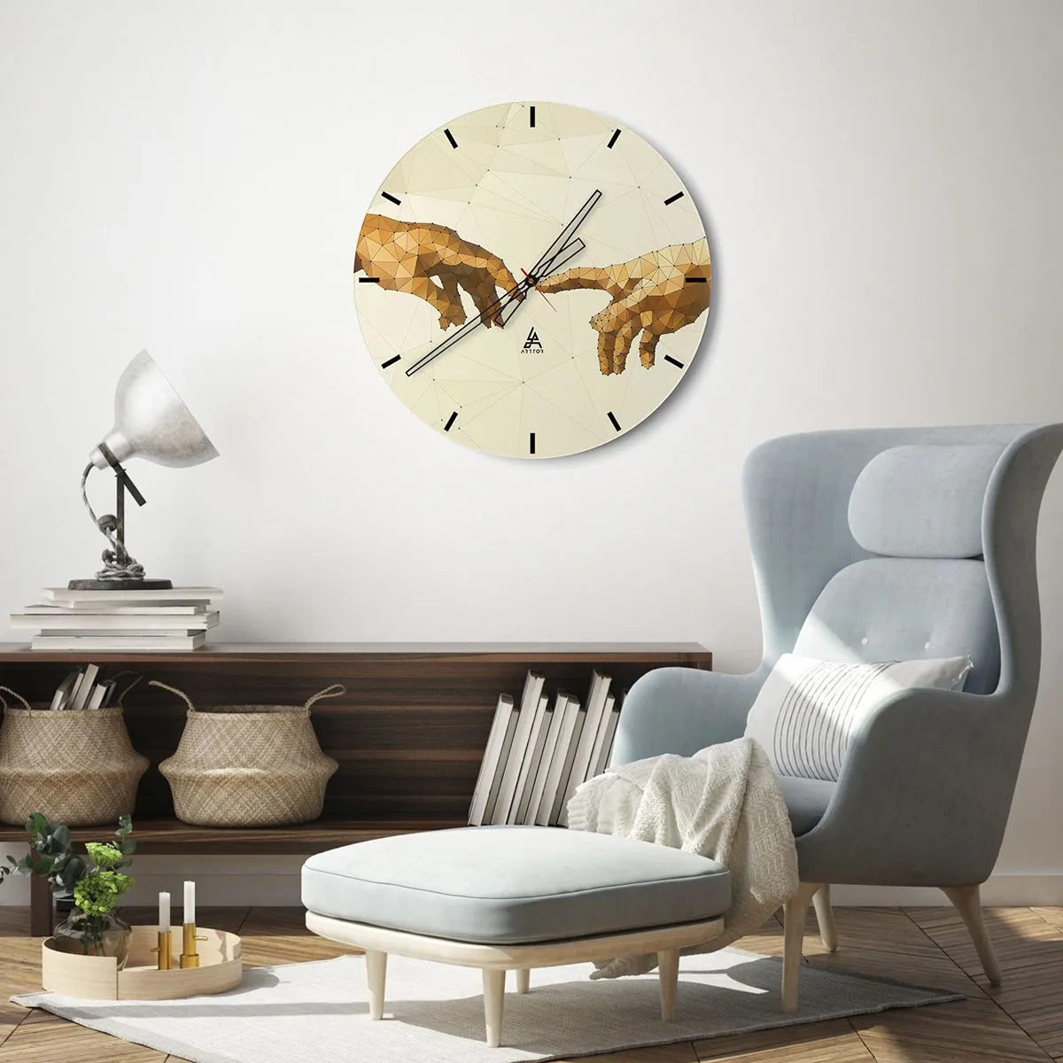 Wanduhr - Glasuhr - Zwei Hände im geometrischen Stil mit Verbindungspunkten - 30x30cm - Göttliche Geometrie - Moderne Wanddekoration für Wohnzimmer, Küche und Schlafzimmer ARTTOR