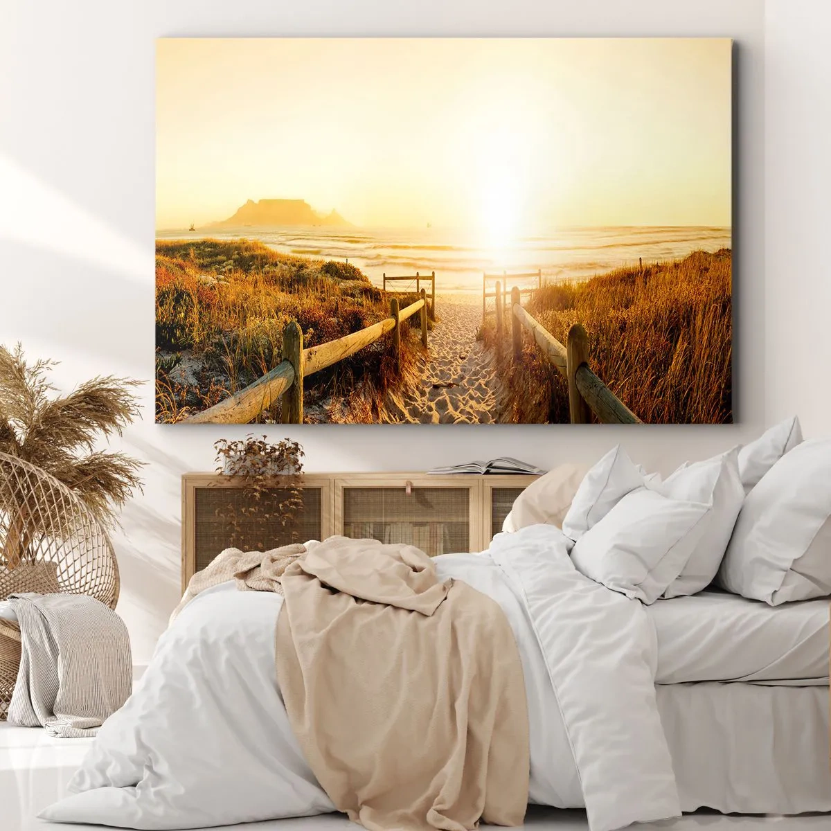 Bild auf Leinwand - Leinwandbild - Weg zum Strand bei goldenem Sonnenuntergang - 100x70cm - Über die Düne, der Sonne entgegen - Moderne Wanddekoration für Wohnzimmer und Schlafzimmer ARTTOR