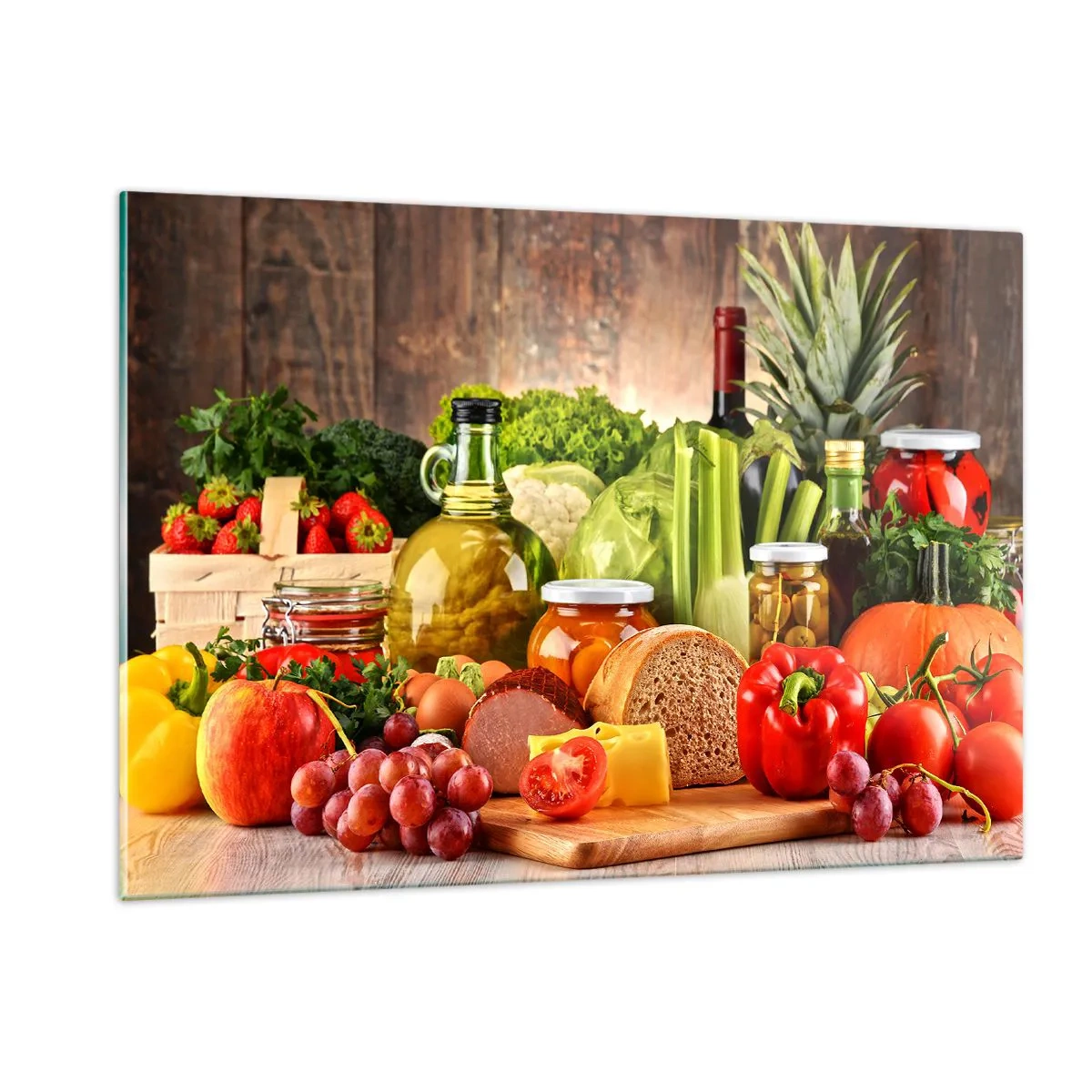 Glasbild - Bild auf glas - Buntes Gemüse, Obst, Brot und Konfitüren auf einem hölzernen Hintergrund - 120x80cm - Geräuchert, gebacken und eingelegt - Moderne Wanddekoration für Wohnzimmer und Schlafzimmer ARTTOR
