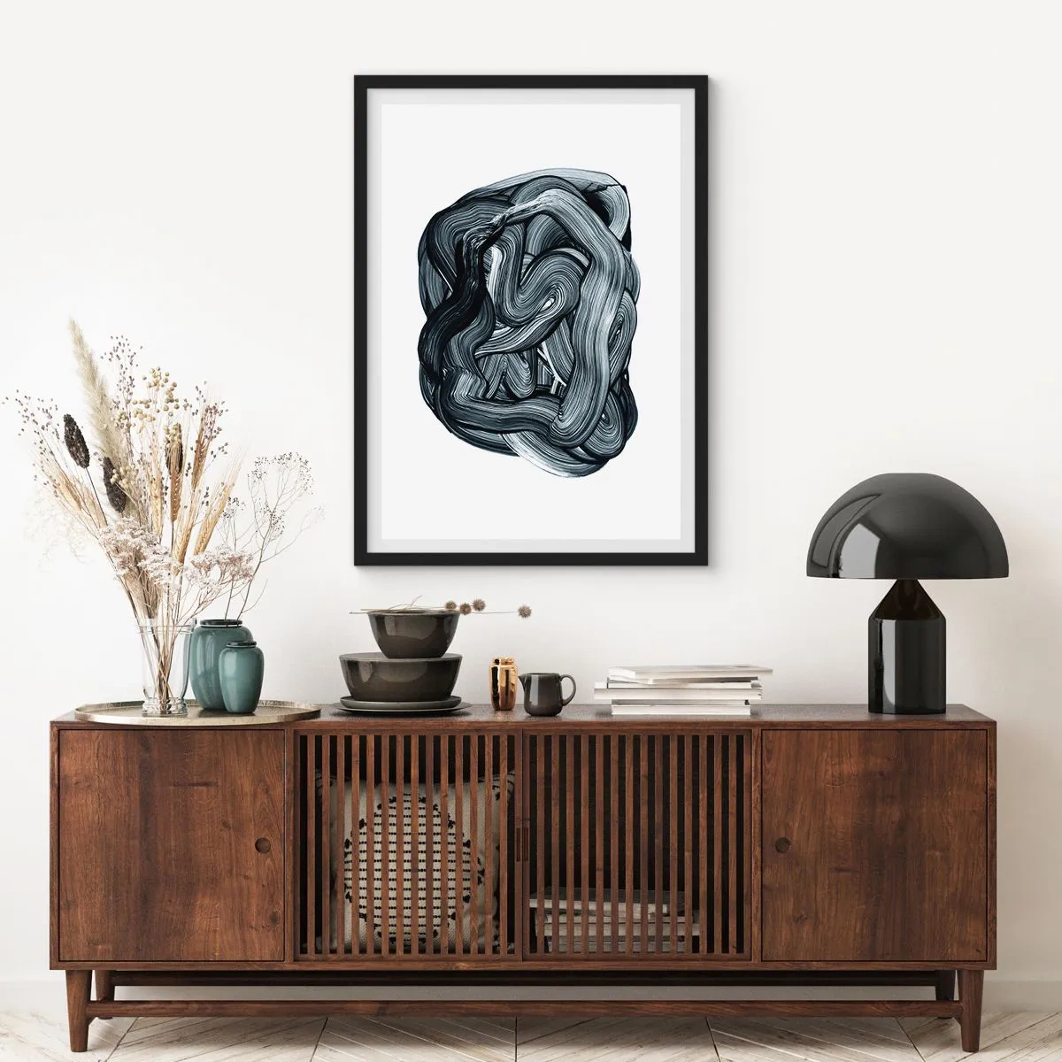 Poster in einem schwarzem Rahmen - Abstrakte Komposition aus schwarzen und weißen Pinselstrichen - 50x70cm - Es ist nicht so einfach - Moderne Wanddekoration für Wohnzimmer und Schlafzimmer ARTTOR