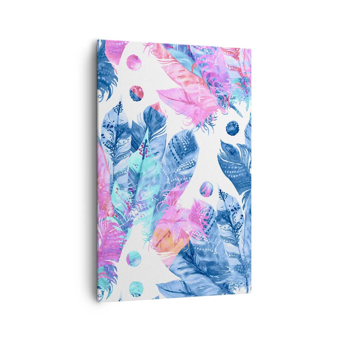 Bild auf Leinwand - Leinwandbild - Abstraktes Muster mit bunten Federn in Pastelltönen - 80x120cm - Pflaumen in Pink und Blau - Moderne Wanddekoration für Wohnzimmer und Schlafzimmer ARTTOR