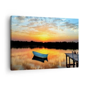 Bild auf Leinwand - Leinwandbild - Ein Boot auf einem ruhigen See bei Sonnenuntergang - 70x50cm - Schauen, hören, meditieren - Moderne Wanddekoration für Wohnzimmer und Schlafzimmer ARTTOR