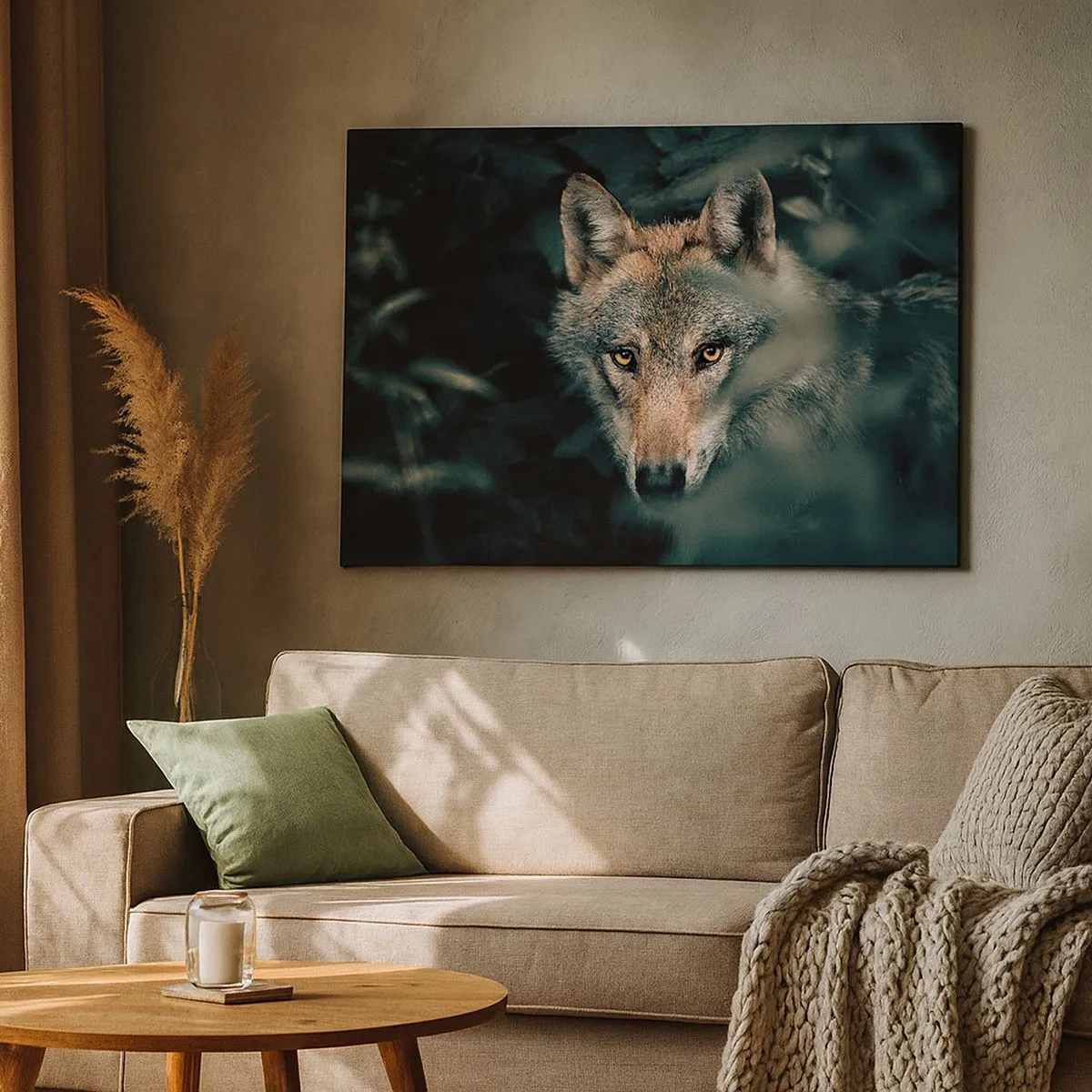 Bild auf Leinwand - Leinwandbild - Ein Wolf in seiner natürlichen Umgebung, der aus den Tiefen des Waldes hervorschaut. - 70x50cm - Jäger - Moderne Wanddekoration für Wohnzimmer und Schlafzimmer ARTTOR