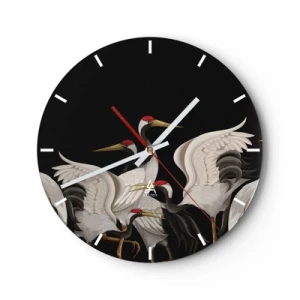 Wanduhr - Glasuhr - Eine Gruppe von Kranichen auf schwarzem Hintergrund in einer stilisierten Illustration - 30x30cm - Vogelsachen - Moderne Wanddekoration für Wohnzimmer, Küche und Schlafzimmer ARTTOR