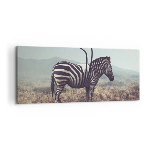 Bild auf Leinwand - Leinwandbild - Ein surreales Zebra vor einer grasbewachsenen Landschaft - 120x50cm - Achtung! Fehler - Moderne Wanddekoration für Wohnzimmer und Schlafzimmer ARTTOR