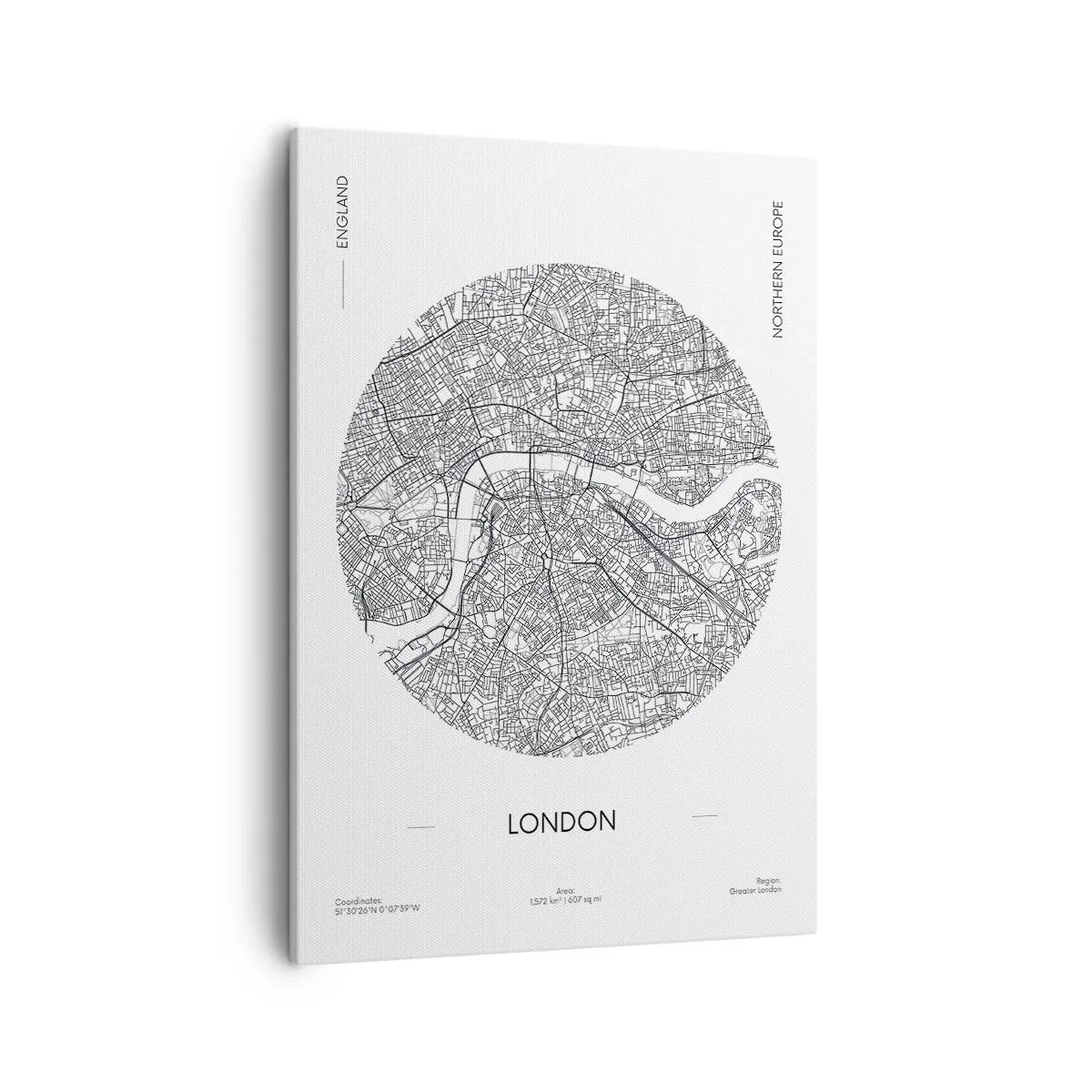 Bild auf Leinwand - Leinwandbild - Eine minimalistische Karte von London in Schwarzweiß mit präzisen Details. - 50x70cm - Anatomie von London - Moderne Wanddekoration für Wohnzimmer und Schlafzimmer ARTTOR
