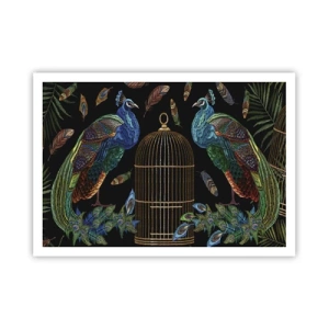 Poster - Pfauen neben einem goldenen Käfig auf schwarzem Hintergrund - 100x70cm - In königlichen Gewändern - Moderne Wanddekoration für Wohnzimmer und Schlafzimmer ARTTOR