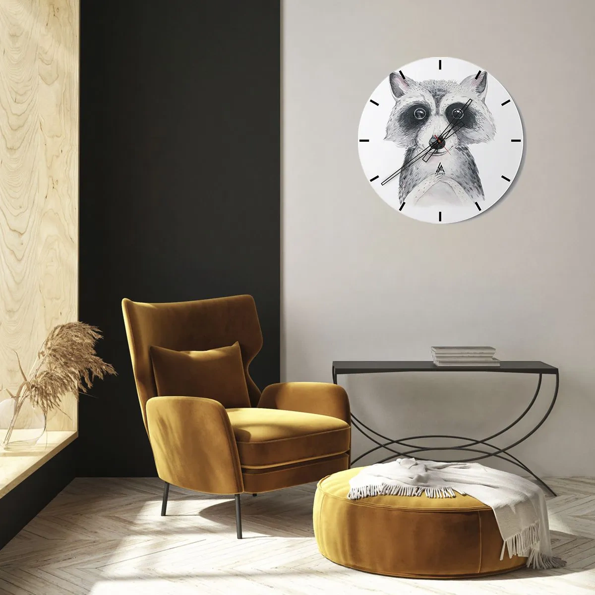 Wanduhr - Glasuhr - Ein süßer Waschbär in Schwarz und Weiß gezeichnet - 30x30cm - Ein Moment zum Bewegen - Moderne Wanddekoration für Wohnzimmer, Küche und Schlafzimmer ARTTOR