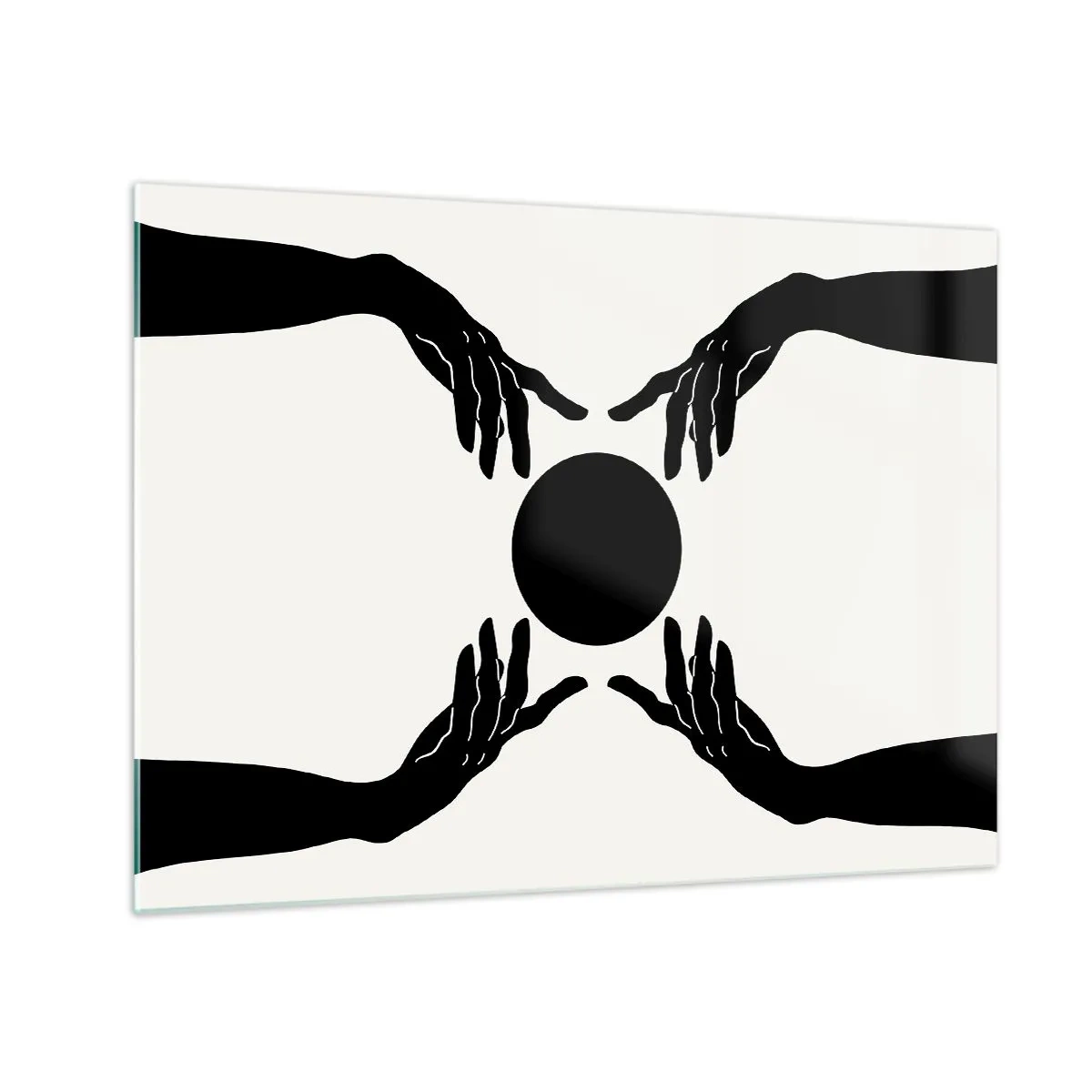 Glasbild - Bild auf glas - Schwarze Hände um einen schwarzen Kreis auf hellem Hintergrund - 70x50cm - Geheimes Zeichen - Moderne Wanddekoration für Wohnzimmer und Schlafzimmer ARTTOR