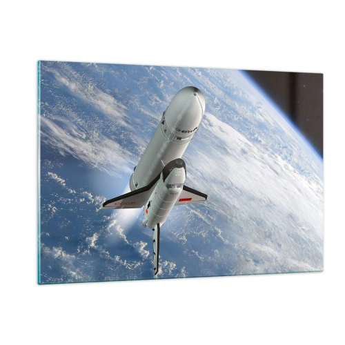 Glasbild - Bild auf glas - Ein Space Shuttle startet ins All, im Hintergrund die Erde. - 120x80cm - Kosmischer Aufstieg - Moderne Wanddekoration für Wohnzimmer und Schlafzimmer ARTTOR